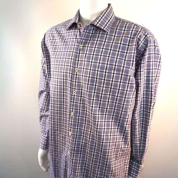 Peter Millar Shirt Mens XL Long Sleeve Button Purple Stipe Check Cotton Casual - Picture 4 of 10
